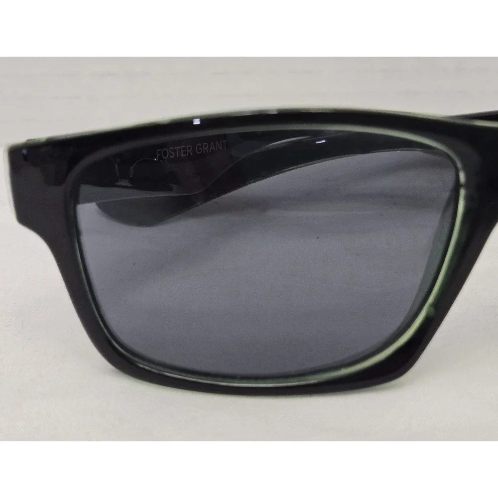 Foster Grant Black Rectangular Sunglasses with Neon Green Inner Trim EUC